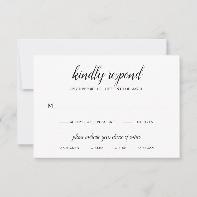 Simple Formal Black and White Meal Elegant Wedding RSVP Card (Front)