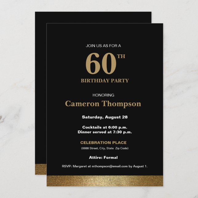 Simple Formal Gold Black 60th birthday Invitation (Front/Back)
