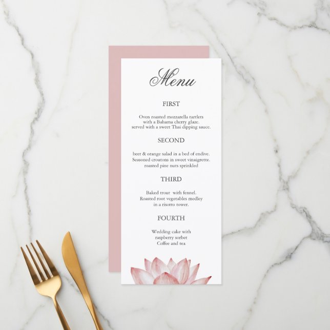 Simple Four Course blush Floral Wedding Menu (Front/Back In Situ)