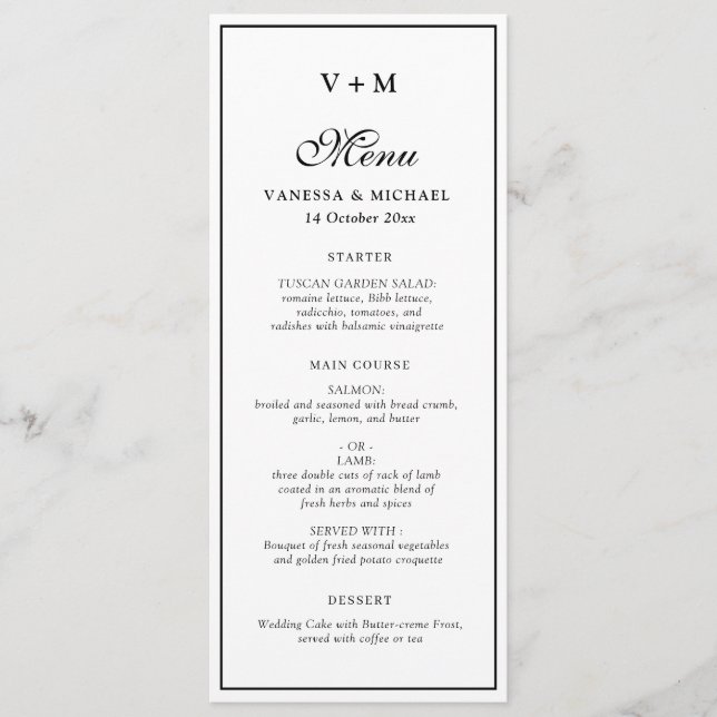 Simple frame black and white wedding menu (Front)