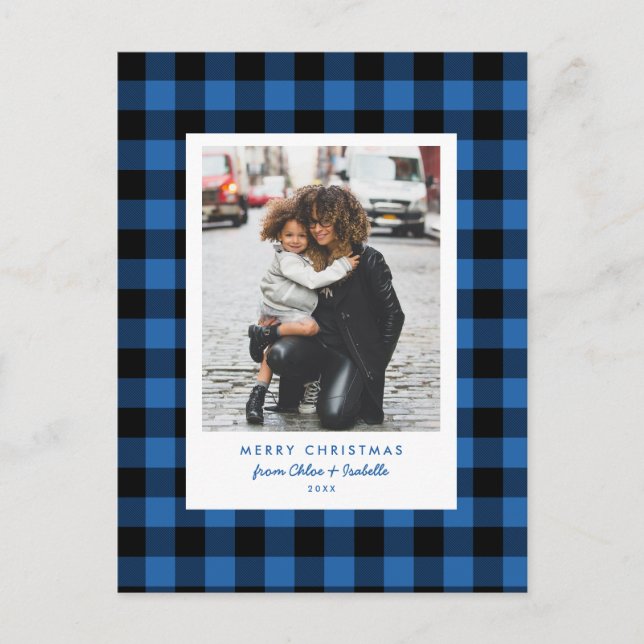 Simple Frame Blue Buffalo Plaid Christmas Photo Postcard (Front)