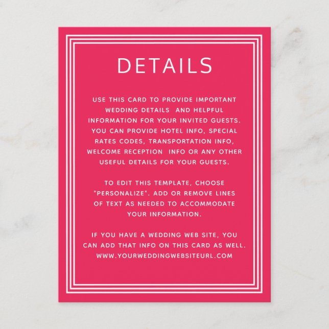 Simple Frame Bold Coral Pink Wedding Details Enclosure Card (Front)