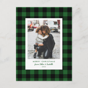 Simple Frame Green Buffalo Plaid Christmas Photo Postcard