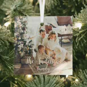 Simple Frame Modern Typography Family Photo  Glass Tree Decoration