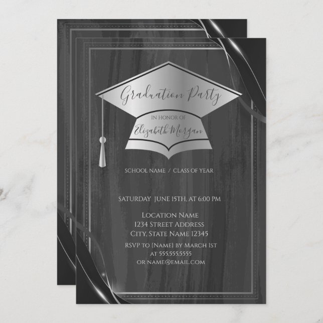 Simple Frame Silver Graduation Cap,Grey Graduation Invitation (Front/Back)