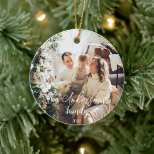 Simple Frame Typography Family Photo Christmas  Ceramic Tree Decoration