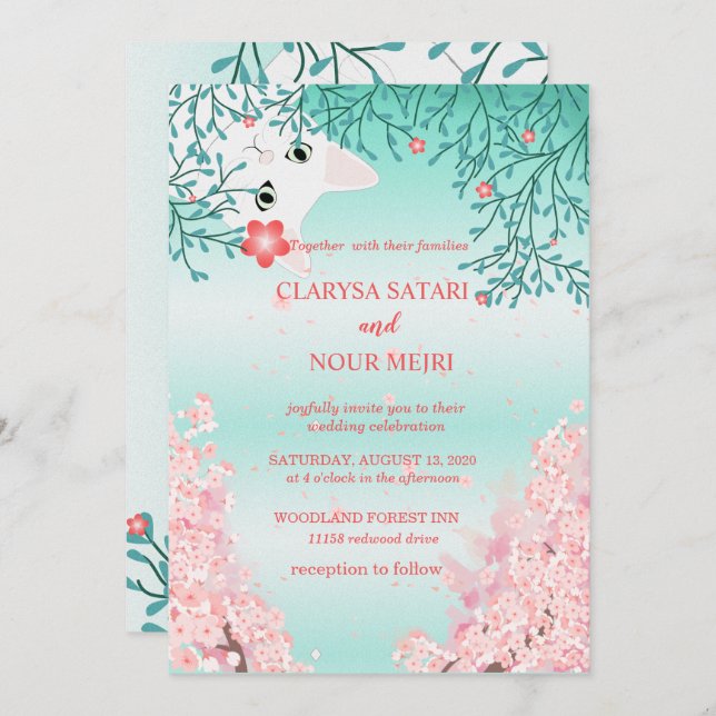 Simple  fresh colourful cat flowers wedding invitation (Front/Back)