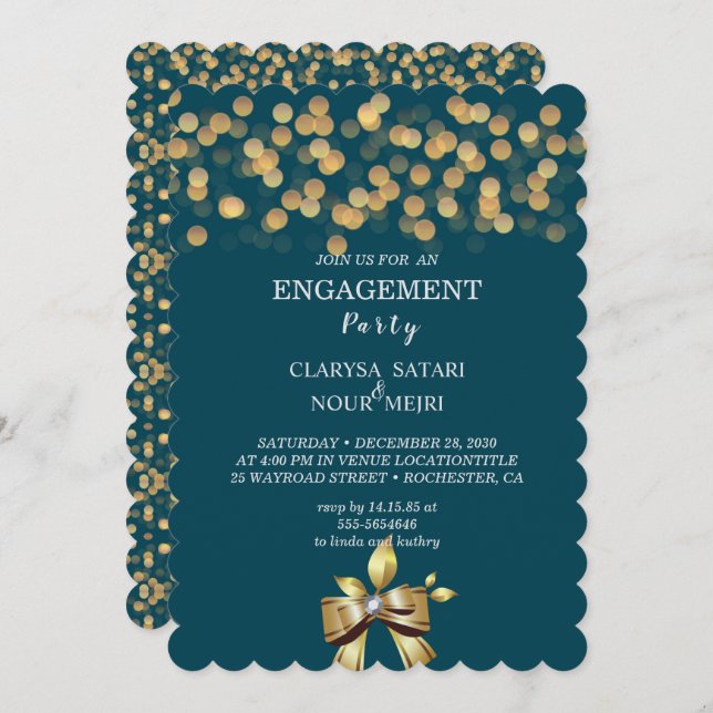 Simple fresh colourful gold  bow engagement party invitation (Front/Back)