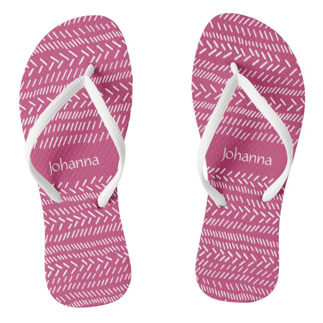 Simple Fuchsia Pink White Stripes Boho Add Name Jandals (Footbed)