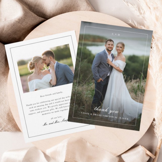 Simple Full Bleed Portrait Wedding Photo  Thank You Card (Simple Monogram Photo Wedding Thank You Card.)