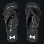 Simple Fun Best Man Name & Bow Tie Wedding Jandals<br><div class="desc">These fun flip flops are a great way to thank the best man at your wedding, and a wonderful way to give his feet a break after a long day! They feature a simple white on black design with his name at the top, the words "Best Man" spelled out in...</div>