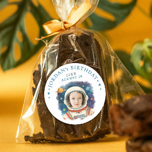 Simple Fun Blue White Astronaut Outer Space Photo Classic Round Sticker