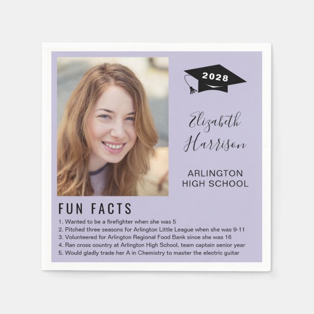 Simple Fun Facts Photo Script Purple Graduation Napkin (Front)