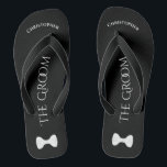 Simple Fun Groom's Name & Bow Tie Wedding Jandals<br><div class="desc">These fun flip flops are a designed as a fun way for the groom to save his feet after a long day, and get ready to dance all night long! They feature a simple white on black design with his name at the top, the words "The Groom" spelled out in...</div>