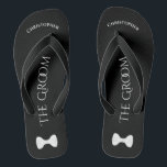 Simple Fun Groom's Name & Bow Tie Wedding Jandals<br><div class="desc">These fun flip flops are a designed as a fun way for the groom to save his feet after a long day, and get ready to dance all night long! They feature a simple white on black design with his name at the top, the words "The Groom" spelled out in...</div>