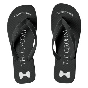 Simple Fun Groom's Name & Bow Tie Wedding Jandals