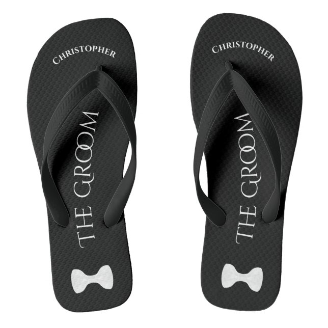 Simple Fun Groom's Name & Bow Tie Wedding Jandals (Footbed)
