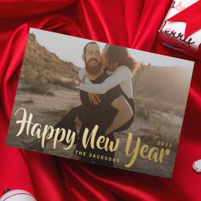 Simple Fun Merry Christmas Family Gold Photo Foil  Holiday Postcard (Creator Uploaded)