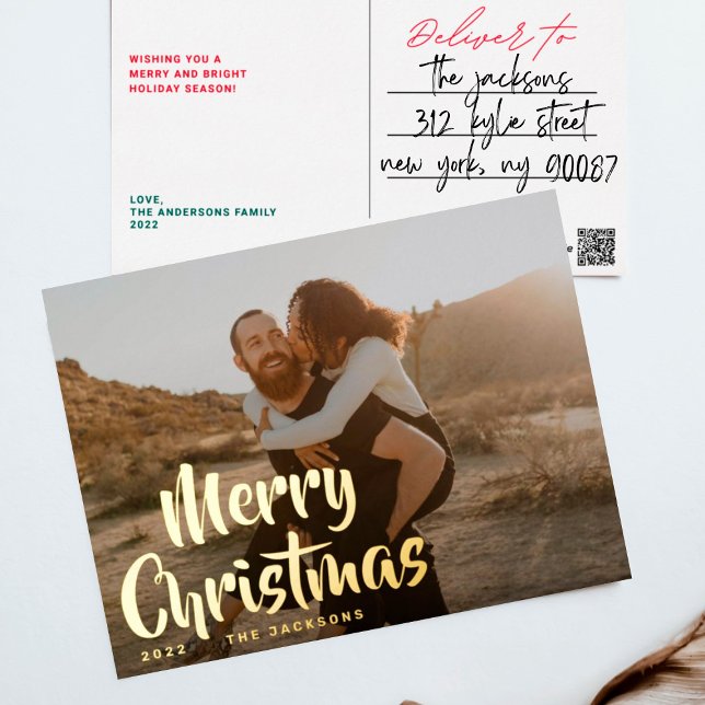 Simple Fun Merry Christmas Family Gold Photo Foil Holiday Postcard (Creator Uploaded)