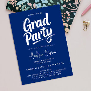 Simple Fun Modern Blue White Grad Brush Ink Script Invitation