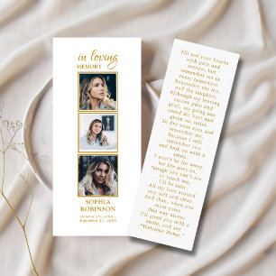 Simple Funeral 3 Photo Gold Sympathy Prayer Card