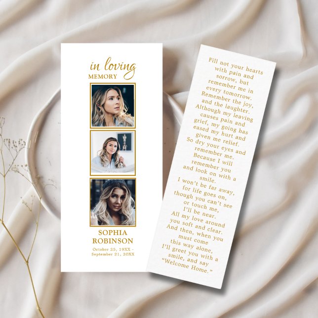 Simple Funeral 3 Photo Gold Sympathy Prayer Card (Creator Uploaded)