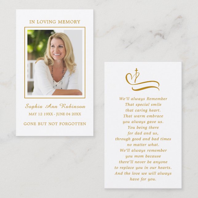 Simple Funeral Gold Script Prayer Photo Card (Front/Back)