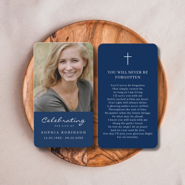Simple Funeral Memorial Blue Prayer Photo Card (Creator Uploaded)