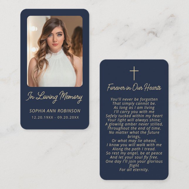 Simple Funeral Memorial Gold Blue Prayer Cards (Front/Back)