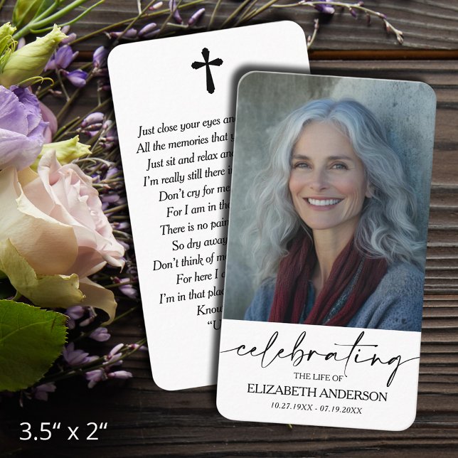 Simple Funeral Memorial Prayer Photo Card (Celebration of Life funeral memorial photo prayer cards - bookmarks, default size 3.5" x 2" )