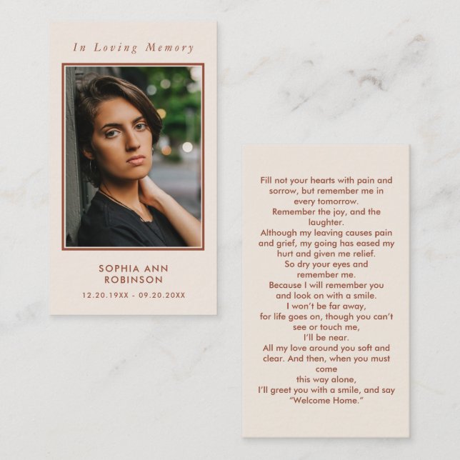 Simple Funeral Photo Cream Terracotta Prayer Card (Front/Back)