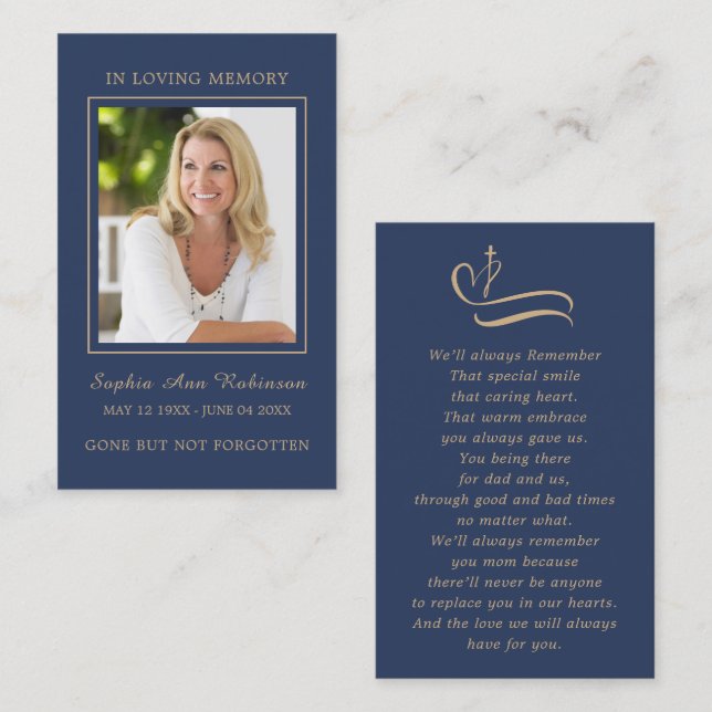 Simple Funeral Photo Gold Script Blue Prayer Card (Front/Back)
