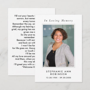 Simple Funeral Photo Memorial Remembrance Card