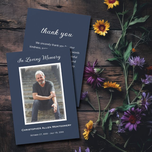 Simple Funeral Photo Sympathy Memorial Card (Simple photo funeral navy blue flat thank you notes with your message on the back)