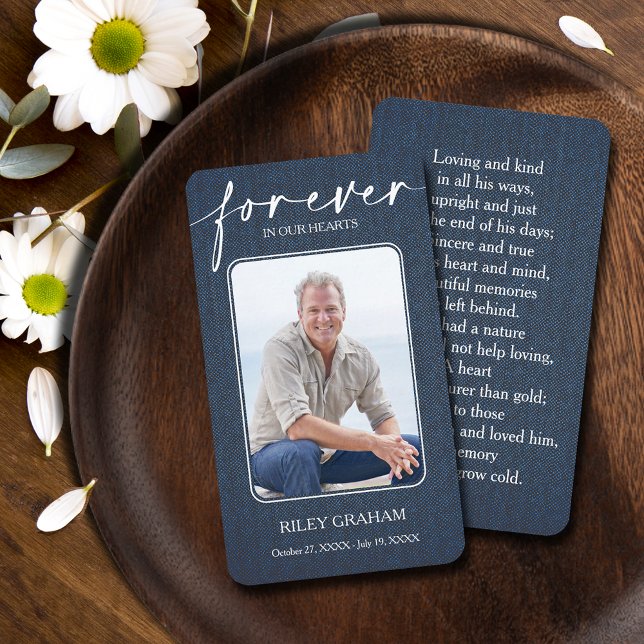 Simple Funeral Photo Sympathy Memorial Prayer Card (Simple funeral photo memorial prayer cards printed on denim pattern,  poem or prayer on the back)
