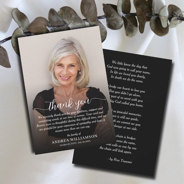 Simple Funeral Photo Sympathy Thank You Card (Simple funeral flat thank you notes, photo and thank you on the front and poem/prayer  on the back.)