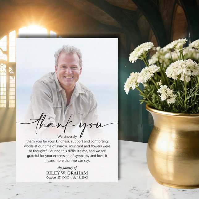 Simple Funeral Photo Thank You Card (Funeral celebration of life flat thank you cards, with your message over a photo on the front)