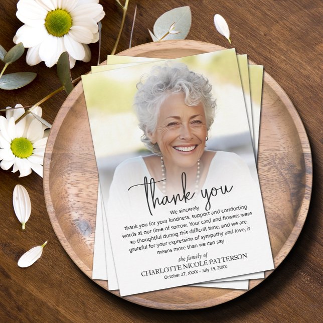 Simple Funeral Photo Thank You Card (Simple photo funeral flat thank you notes with your personalized message.)