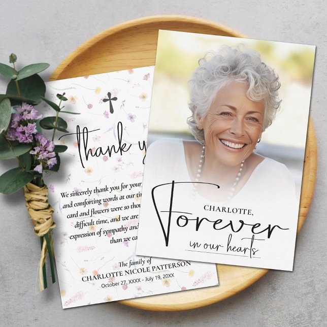 Simple Funeral Photo Thank You Card (Forever in our Hearts funeral photo thank you card your message on the back on dainty wildflowers)