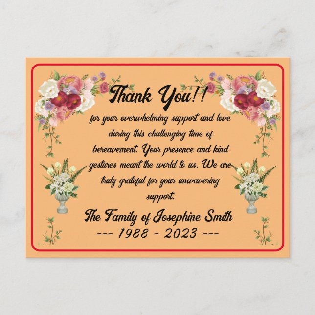 Simple Funeral Thank You Message For Condolences Postcard (Front)