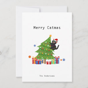 Simple Funny Black Cat And Christmas Tree Holiday Card
