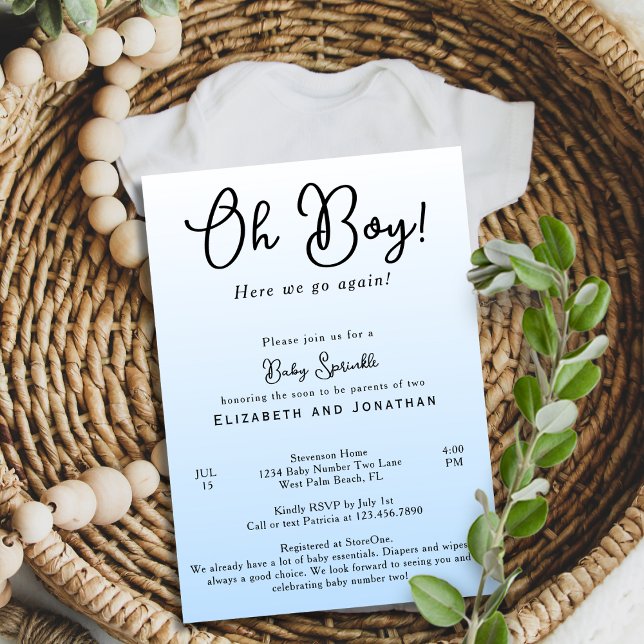 Simple Funny Oh Boy Blue 2nd Baby Shower Sprinkle Invitation (Creator Uploaded)