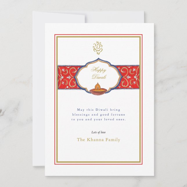 Simple Ganesh and lamp Diwali Greetings Holiday Card (Front)