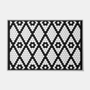 Simple Geometric Diamond Faux Tile Black and White Doormat