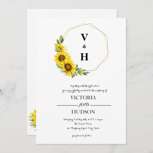 Simple Geometric Gold Sunflower  Invitation (Front/Back)