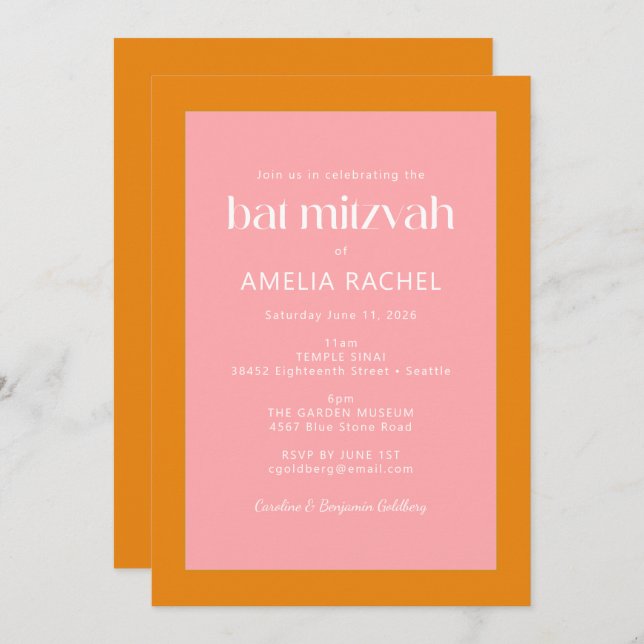 Simple Geometric Pink and Orange Bat Mitzvah Invitation (Front/Back)