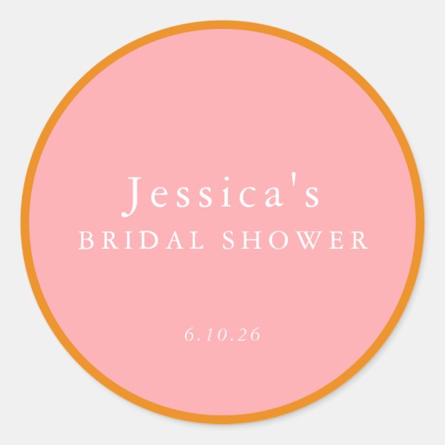 Simple Geometric Pink Orange Custom Bridal Shower  Classic Round Sticker (Front)