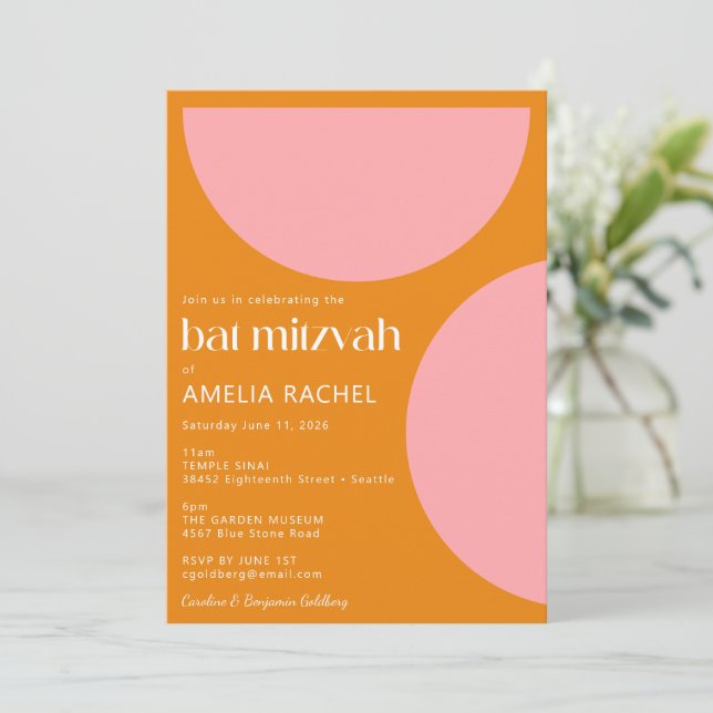 Simple Geometric Shapes Pink Orange Bat Mitzvah  Invitation (Standing Front)