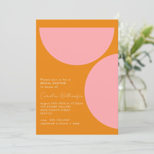 Simple Geometric Shapes Pink Orange Bridal Shower Invitation (Standing Front)