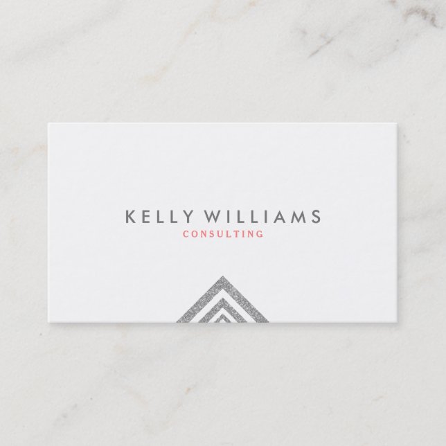 Simple Geometric Silver Glitter White Background Business Card (Front)